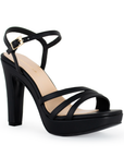 Vista diagonal de zapatilla negra para mujer con tacón alto 11cm y tiras cruzadas