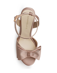 Vista superior de zapatilla nude con moño, plataforma, punta abierta pulsera ajustable y tacón alto 12cm para dama