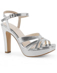 Vista diagonal de zapatilla plateada de diseño descubierto para mujer con plataforma frontal tacón alto de 12cm y pulsera al tobillo
