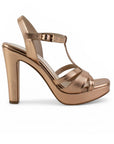 Vista lateral de zapatilla oro rosa para mujer de diseño descubierto con tacón alto de 12cm y pulsera ajustable al tobillo