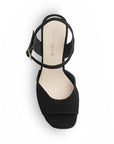 Vista superior de zapatilla para dama negra con punta abierta pulsera ajustable al tobillo y plataforma tacón alto 12cm