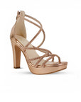 Vista diagonal de zapatilla oro rosa con pedrería plataforma y tacón alto 11 cm para dama