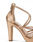 Vista trasera del tacón alto 11 cm en zapatilla oro rosa para fiesta de dama con pedrería y cremallera