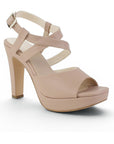 Vista diagonal de zapatilla nude para mujer de diseño descubierto con tacón alto de 12cm y pulsera ajustable