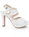 Vista lateral de zapatilla blanca para mujer con tacón alto de 12cm y pulsera ajustable de diseño descubierto