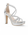 Vista diagonal de zapatilla plateada con pedrería plataforma y tacón alto 11 cm para dama