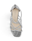 Vista superior de zapatilla plateada para fiesta con pedrería plataforma y tacón alto 11 cm para dama