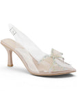 Vista lateral de zapatilla nude stiletto transparente para mujer con correa ajustable y tacón de 9cm