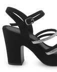 Vista trasera de tacón ancho 10cm en zapatilla para mujer con tiras y pulsera ajustable en color negro
