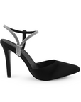 vista lateral de zapatillas negras para dama destalonadas con punta fina, tacón alto 11cm y tiras brillantes