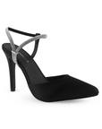 vista diagonal de zapatillas negras destalonadas con punta fina, tacón alto 11cm y tiras brillantes para dama