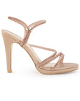 Vista lateral de zapatilla maquillaje para mujer con pedrería brillante y tacón medio de 10cm