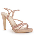 Vista diagonal de zapatilla maquillaje para mujer con tiras brillantes y tacón de 10cm