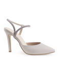 vista lateral de zapatillas beige para dama destalonadas con punta fina, tacón alto 11cm y tiras brillantes