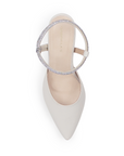 vista superior de zapatillas beige para dama destalonadas con tacón alto 11cm y tiras brillantes