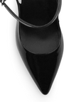 Vista de material charol en zapatilla tipo stiletto con tacón alto de 11cm en color negro