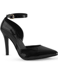 Vista diagonal de zapatilla negra para mujer con hebilla ajustable y tacón delgado