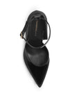 Vista superior de zapatilla negra para mujer con punta fina y tacón delgado ajustable de pulsera al tobillo