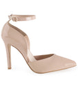 Vista lateral de zapatilla maquillaje para mujer con tacón delgado y punta fina