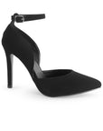 Vista lateral de zapatilla negra para mujer con tacón delgado y punta fina