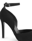 Vista trasera de tacón delgado en zapatilla negra para mujer con punta fina estilo stiletto