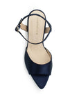 Vista superior de zapatilla azul para mujer con pulsera ajustable al tobillo y tacón delgado de 10cm de diseño abierto