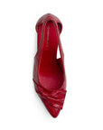 vista superior de zapatillas rojas puntales para dama con moño y tacón medio 8cm