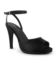Vista diagonal de zapatilla negra con punta abierta pulsera ajustable y plataforma para dama tacón alto 11cm