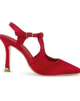 Vista lateral de zapatilla destalonada roja para mujer tipo stiletto con punta fina cerrada y tacón delgado medio de 10cm