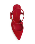 Vista superior de zapatilla roja destalonada para mujer con pulsera ajustable al tobillo y punta cerrada fina tipo stiletto