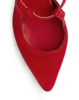 Vista de material shantung en zapatilla roja destalonada para mujer con punta cerrada fina tacon delgado medio de 10cm y pulsera ajustable