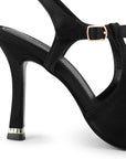 Vista trasera de tacón delgado medio de 10cm en zapatilla negra destalonada para mujer con punta cerrada fina tipo stiletto
