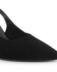detalle del material buck en las zapatillas negras para dama destalonadas con ajuste elástico y tacón alto 11 cm