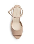 Vista superior de zapatilla nude para dama con punta abierta pulsera ajustable y tacón alto 11cm