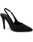 vista lateral de zapatillas negras para dama stilleto destalonadas con ajuste elástico y tacón alto 11cm