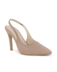 vista diagonal de zapatillas nude para dama stiletto tacón alto 11 cm y destalonadas