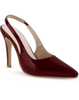 vista diagonal de zapatillas de charol vino para dama stiletto tacón alto 11 cm y destalonadas