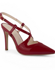 vista diagonal en zapatillas rojas para dama de charol con tacón alto 11 cm y tiras cruzadas al frente
