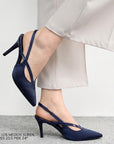 Zapatillas azules para mujer tipo stilettos con punta cerrada tacón delgado alto de 11cm