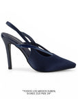 Vista diagonal de zapatilla azul para mujer con tiras cruzadas destalonada y tacón alto de 11cm
