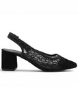 vista lateral de zapatillas negras de gamuza con tacón bajo 6cm talón descubierto para dama