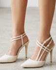 Zapatillas beige stiletto con doble correa ajustable y tacón alto 11cm para dama