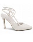 vista lateral de zapatillas beige stiletto para dama con doble corea ajustable y hebillas doradas para dama con tacón alto 11cm