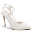 vista diagonal de zapatillas beige stiletto para dama con tacón alto 11cm