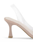 vista trasera del tacón medio 9cm en las zapatillas nude para dama con moño destalonadas