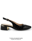 Vista lateral de zapatilla negra destalonadas para mujer con pulsera ajustable punta fina y tacón bajo cuadrado de 5cm
