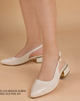 Zapatillas beige para mujer de punta fina con tacón cuadrado bajo de 5cm y correa ajustable