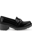 Vista lateral de mocasín negro con detalles laterales, plataforma y tacón bajo 5cm para dama