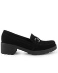 Vista lateral de mocasín negro con detalles laterales, plataforma y tacón bajo 5cm para dama