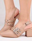 Zapatillas maquillaje para mujer con tacón bajo de 6cm y tiras con estoperoles